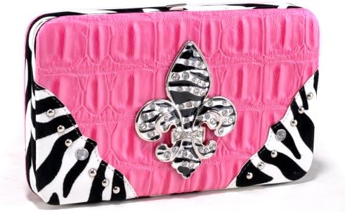 Western Croco Frame Wallet w/ Zebra Trim and Rhinestone Fleur de Lis - Fuchsia