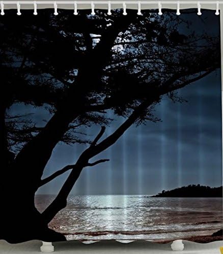 Moon Lit Tropical Lagoon Beach Ocean Design Digital Graphic Print Shower Curtain Set Non Vinyl Bath Tub Liner Waterproof Fabric Mildew Resistant Material Hooks Included Nautical Marine Sea Boat Theme