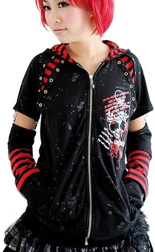 Blooms Punk Women Skull Strip Long Sleeve Zip Hoodie Sweater (Medium, Black with Red)