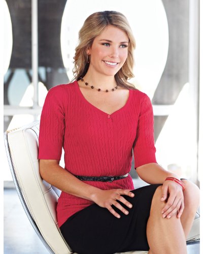 Tri-Mountain Womens Y-Collar Cable Short Sleeve Sweater. LB921