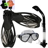 Snorkeling Scuba Dive Mask Fins Dry Snorkel Gear Set, Black | M-XL (8-12) Snorkeling Scuba Dive Mask Fins Dry Snorkel Gear Set, Black | M-XL (8-12)