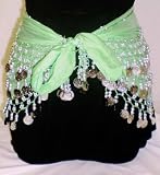 Lime Green Chiffon Dangling Silver Coins Belly Dance Hip Scarf, Vogue Style
