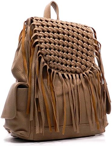 Pebble Textured Woven Fringe Backpack & Shoulder Bag (TAUPE)