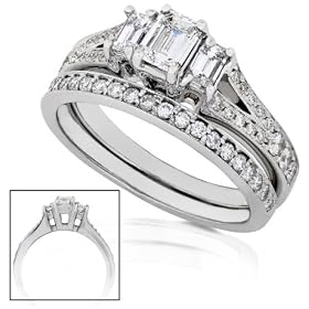 1 1/10ctw Emerald Cut Diamond Wedding Ring Set (HI/SI-I1) in 14kt White Gold