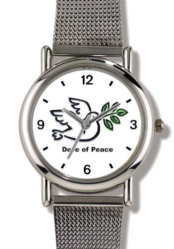 Dove of Peace - Christian or Jewish Theme - WATCHBUDDY® ELITE Chrome-Plated Metal Alloy Watch with Metal Mesh Strap-Size-Large ( Men's Size or Jumbo Women's Size )