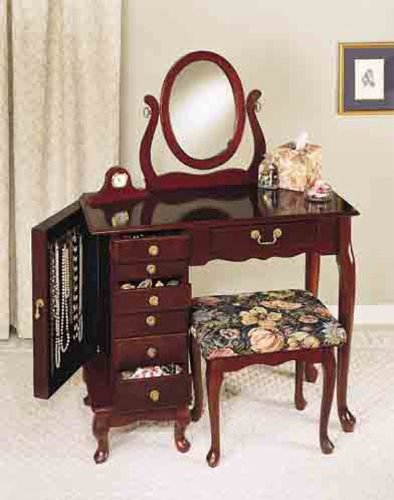 Jewelry Armoire Vanity Mirror and Bench in Cherry