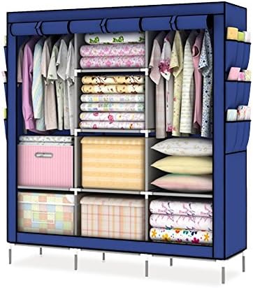 CangWU Portable Storage Organizer Wardrobe Closet &amp; Shoe Rack-9 Side Pockets for Garment shoes Accessories Moisture Proof Fabric ~ Deep Blue