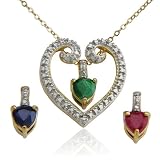 18k Yellow Gold Overlay Heart-Shaped Diamond Pendant w/ Ruby, Sapphire and Emerald Interchangeable Accent Drops