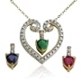18k Yellow Gold Plated Heart-Shaped Diamond Pendant w/ Ruby, Sapphire and Emerald Interchangeable Accent Drops