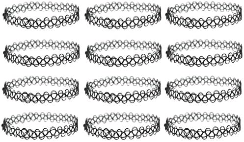 12 Pack - Henna Tattoo Choker Necklace, Black Stretch Chokers, Multi Pack, Great for Party Favors