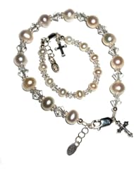 Sterling Silver Mother & Daughter Bracelets / Mom & Me Bracelet Set with Freshwater Pearls and Cross and Heart Gift Box, 6-11 years (Child 6 - 6.5" and Mother 7 - 7.5" adjustable)