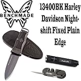 Benchmade 13400BK Harley Davidson Nightshift 3.49in. Fixed Powder Coated Plain Edge Blade & Famed Pocket Pal Sharpener for Plain & Serrated Edge Blades With Fenix E01 Compact Keychain LED Flashlight