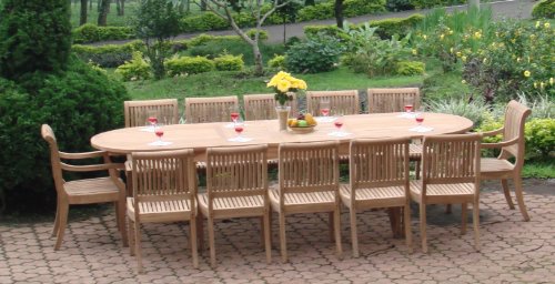 Grade-A Teak Wood luxurious 13 pc Dining Set : Large 117" Double Extension Oval Table, 10 Armless and 2 Arm / Captain Chairs [Model:gvg]**Click to see all sizes..