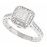 14K White Gold Natural Princess Brilliant Cut Diamond Engagement Ring Vintage Style (1.16 Cttw, H Color, SI-1 Clarity)