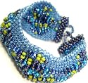 Crochet Crystal Beaded Wavy Bracelet Blue Stretch Bracelet "Clouds Above" - Fair Trade