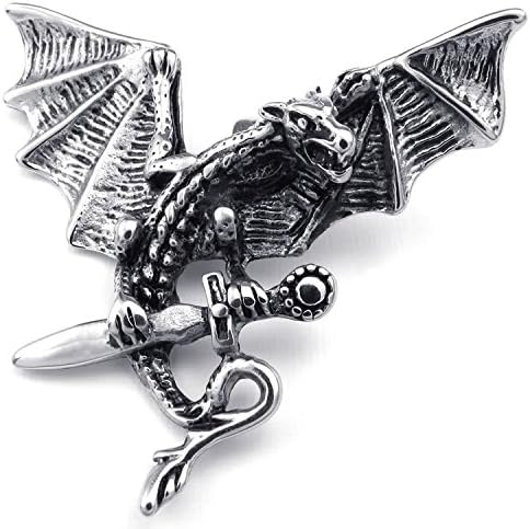 Mygoodie Jewelry Mens Gothic Dagger Dragon Stainless Steel Pendant Necklace, Black Silver, 18-26 inch Chain