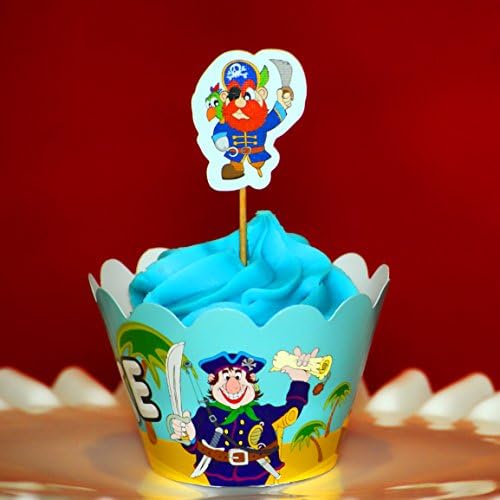 Pirate Party Cupcake Wrappers | Set of 12 Wrappers & 12 Toppers | Assembles in Seconds | Perfect Swashbuckling Decoration for Your Child's Pirate Party