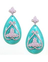 Angelique De Paris Goa Pearl Platinum Rhodium Finish White Topaz Resin Post Dangle Earrings in Aqua/Silver