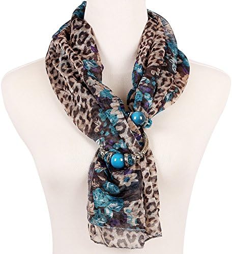 Women Leopard Print Polyester Necklace Scarf Elegant Beads Buckle Infinity Wrap 2