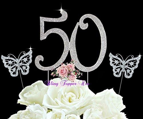 Number "50" Silver Bling Monogram Birthday Anniversary Cake Topper in Rhinestones + Crystal Rhinestone Butterfly's