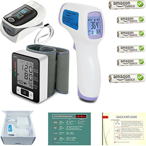 Pulse Oximeter Fingertip + Blood Pressure Monitor + Infrared Adult - Baby Thermometer + Magnetic Vital Signs Reading Guide - Complete Health Bundle in Gift Ready Foam Padded Storage Box