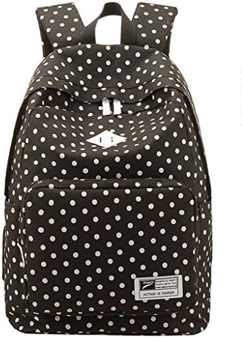 Polka Dot Canvas Unisex Canvas Rucksack Casual Daypack Backpack Laptop College Book-bag Book Tote Bag for Teens ( Black )