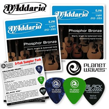 2-Pack DAddario EJ16 Light Phosphor Bronze Acoustic Guitar Strings with 3-Pick Sampler Pack