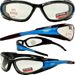 Falcon Motorcycle Foam Padded Sunglasses Blue Frame Clear Lenses
