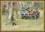 Framed picture: Carl Larsson, Breakfast under the Big Birch, from 'A Home' series, c.1895, 68 x 46 - Wood Corum S: Gold
