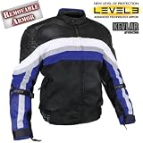 Men's Armored Black and Blue Tri-Tex Fabric and Leather Trim Jacket with Level-3 Advanced Armor and Kevlar Protection - Size : Medium
