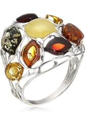 Rhodium Plated Sterling Silver Multicolor Amber Round Ring, Size 7