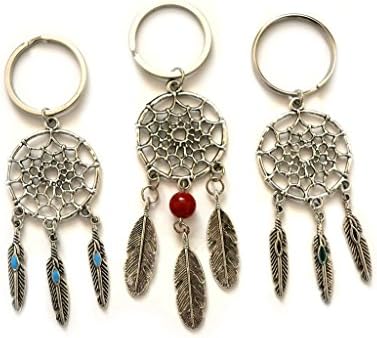 3 pcs Silver Stone Pendant Feather Dream Catcher Charm Pendant Key Chain Ring Gift