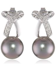 14k White Gold 8.0-8.5mm Tahitian Cultured Pearl Fashion Earrings, (0.1 cttw, G-H Color, I1-I2 Clarity)