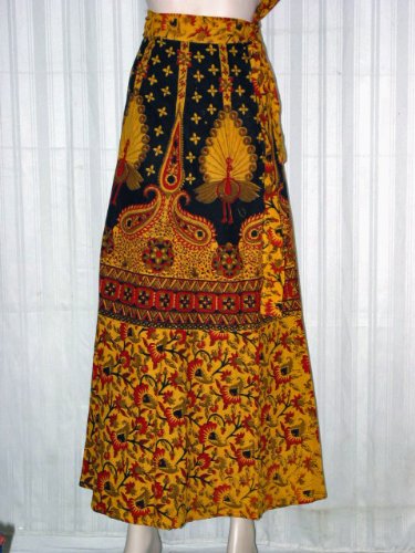 Fashionable Womens Yellow Black Peacock Print Womens Cotton Wrap Around Skirts India 40" Long Free Shipping