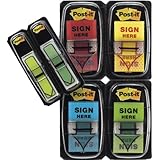 Post-it Message Flags Value Pack with Free Arrow Flags, "Sign Here" Message, Assorted Colors, 1-Inch Wide, 50 Flags/Dispenser, 4-Pack