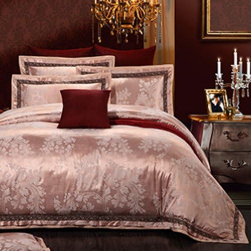 Coral Color and Flowers Printed Pattern 100% Cotton Satin Jacquard Bedding Set 4 Pcs (King)