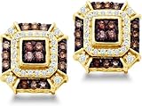 Brown Chocolate and White Round Brilliant Cut Diamond Stud Earrings in 10k Yellow Gold Square Setting (1/2 cttw)