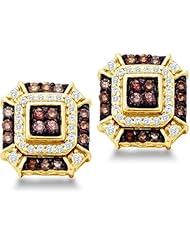 Brown Chocolate and White Round Brilliant Cut Diamond Stud Earrings in 10k Yellow OR White Gold Square Setting (1/2 cttw)