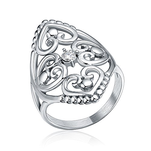Elegant Silver Cz Filigree Hearts Stainless Steel Rings for Women Lady Gifts