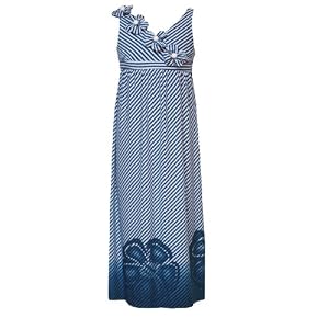 Rare Editions Girls 7-16 TEAL-BLUE WHITE 'ITY' DIAGONAL STRIPE FLORAL BORDER EMPIRE WAIST Maxi-Dress