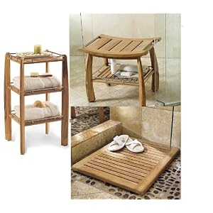 New Grade A Teak 3Pc Accessory Set: Shower Bench, Shower Shelf and Floor Mat by 