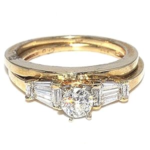 0.75ct Diamond Bridal Set Wedding Ring And Band 14K Gold Baguette & Round