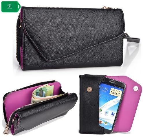 CELL PHONE HOLDER WALLET WRISTLET-BLACK/ PURPLE[UNIVERSALLY DESIGNED] FITS Alcatel One Touch Idol X+