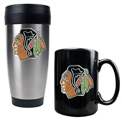 Chicago Blackhawks NHL Stainless Steel Travel Tumbler & Black Ceramic Mug Set - Primary Logo by Great American Products