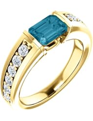 18K Yellow Gold 7.00x5.00mm Emerald Cut London Blue Topaz and Diamond Ring -- LIFETIME WARRANTY