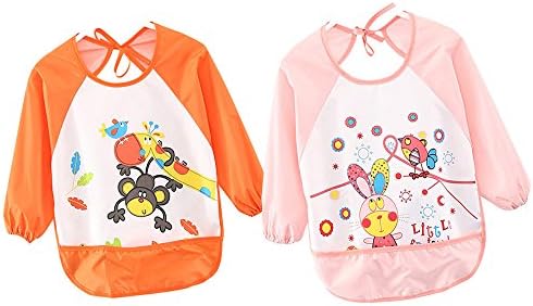 Baby Girls：Cute Cartoon Unisex Infant Baby Waterproof Sleeved Bib, Baby Toddler Smock (6 Months-3 Years)