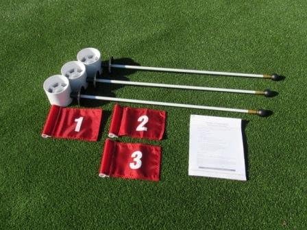 Golf Practice Putting Green - Natural or Synthetic - Deluxe Accessory Kit - (3) White Aluminum 4" Deep Regulation Cups + (1) Red Jr Flag with a White #1, (1) Red Jr Flag with a White #2, (1) Red Jr Flag with a White #3 + (3) 30" White Fiberglass Pin Markers with Ball Lifter Disk