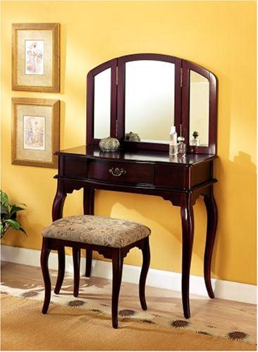 Queen Anne Victorian Style CHERRY Finish VANITY SET WITH TRI-MIRROR AND MATCHING STOOL