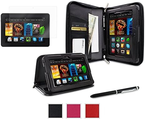 rooCASE Case for Amazon All-New Kindle Fire HDX 7 - Executive Portfolio Leather Case HDX 7" Tablet with Ultra HD Plus Anti-Fingerprint / Self-Healing / Bubble Free Screen Protector - BLACK (With Auto Wake / Sleep Cover)