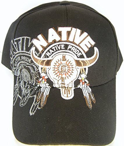 Native Pride Bull Skull with Shadow Adjustable Baseball Hat Cap with Velcro Enclosure (Black)